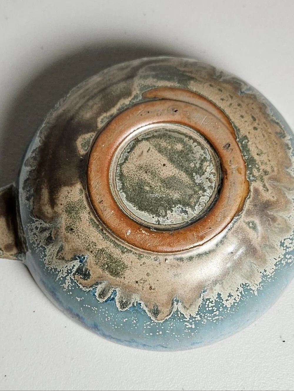 Rustic Glazed Small Pottery Bowl Dbl Handle Hand Made Blue Glaze